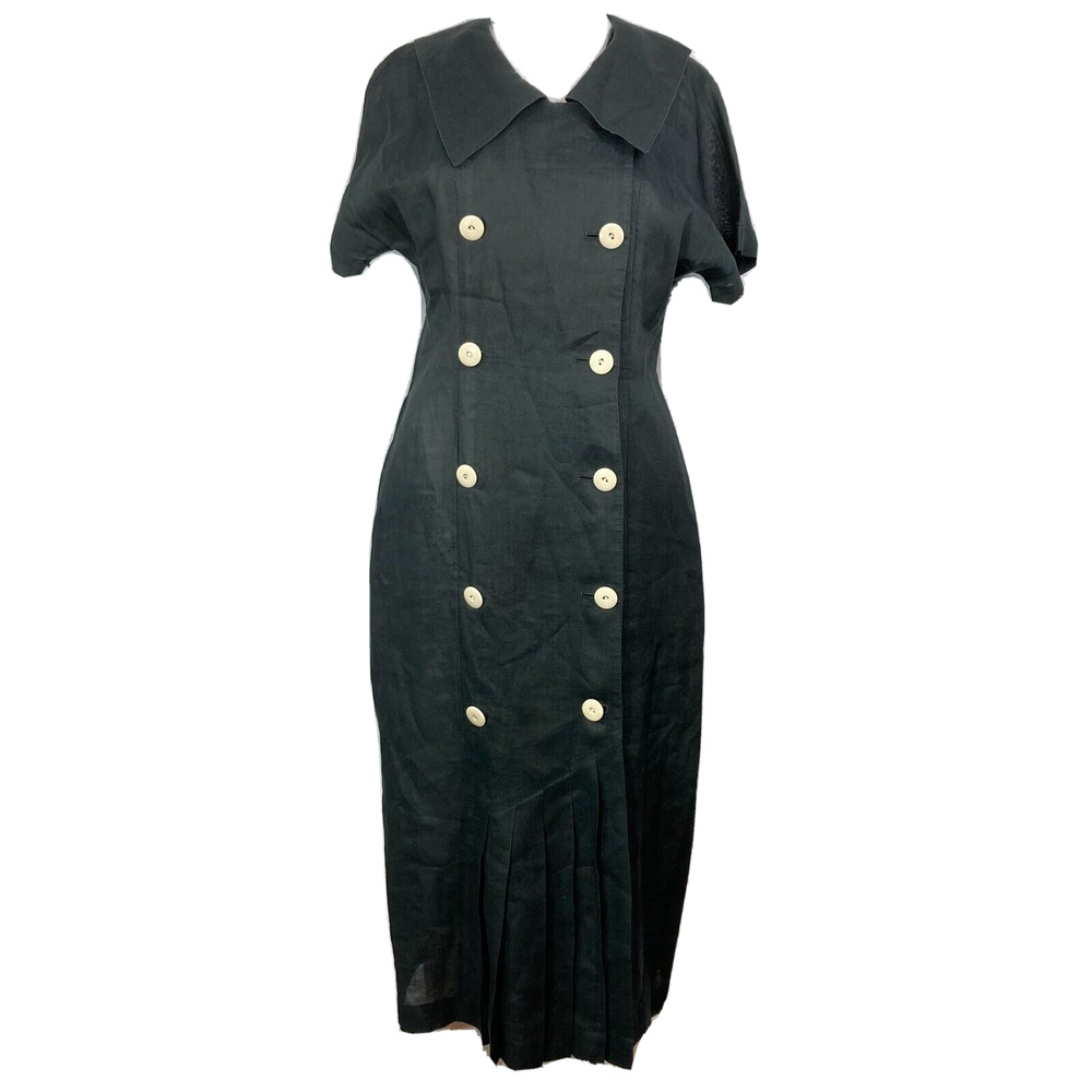 Valencia Dress Sz M Vintage 60s Black Linen Double‎ Breasted Shirt Dress Pleated